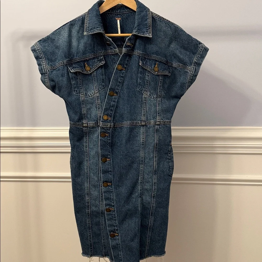 Free People The City Button Front Raw Hem Western Denim Jean Dress M Medium - Picture 5 of 5